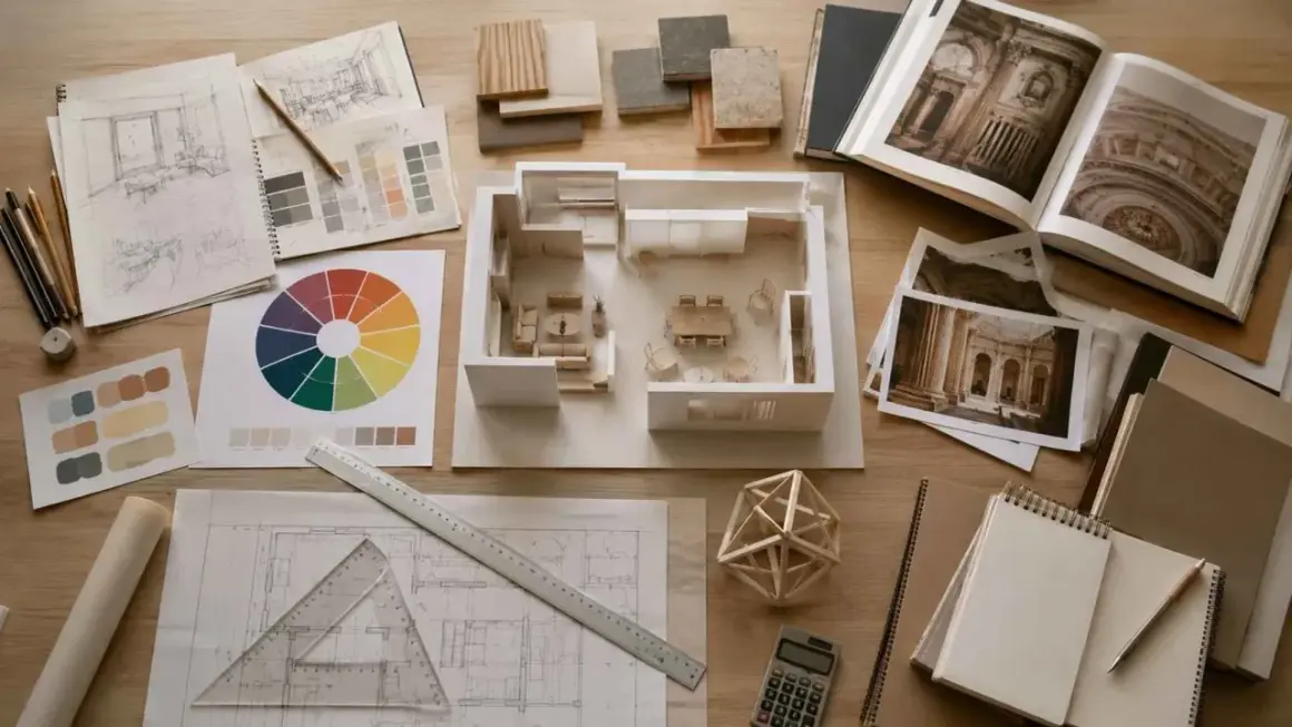 Herramientas para una carrera de diseño interiores: bocetos, maquetas, muestras de materiales, libros de arquitectura y planos.