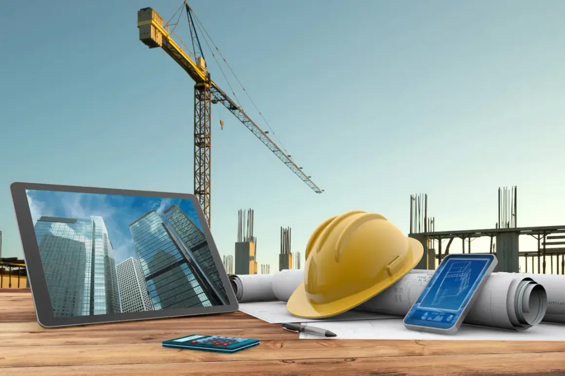 Un promotor y contratista planifica un proyecto de construcción con planos, tablet, móvil y casco.