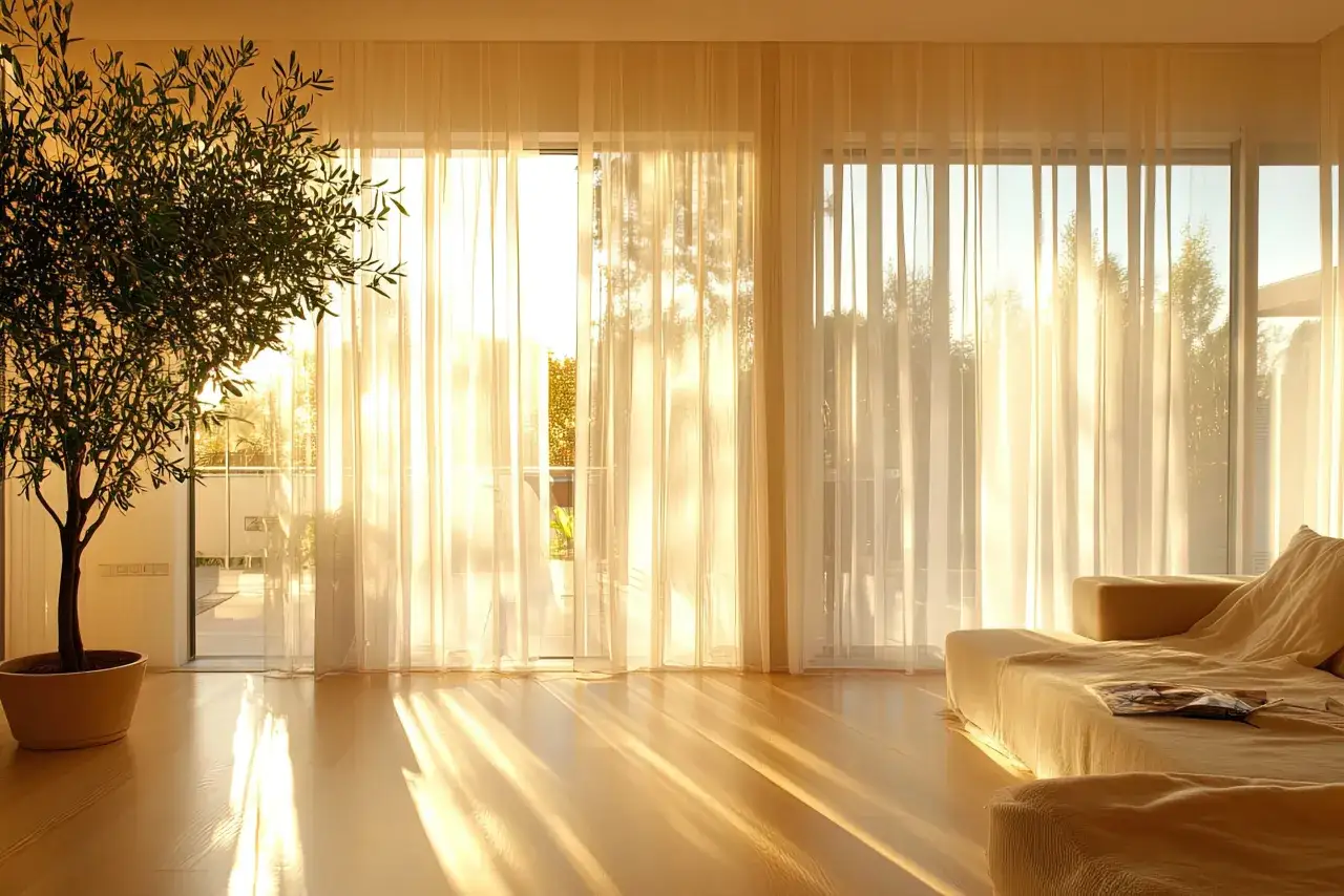 Cortinas vaporosas para dormitorios, con luz dorada filtr&aacute;ndose. Un sof&aacute; y una planta de interior completan la escena.