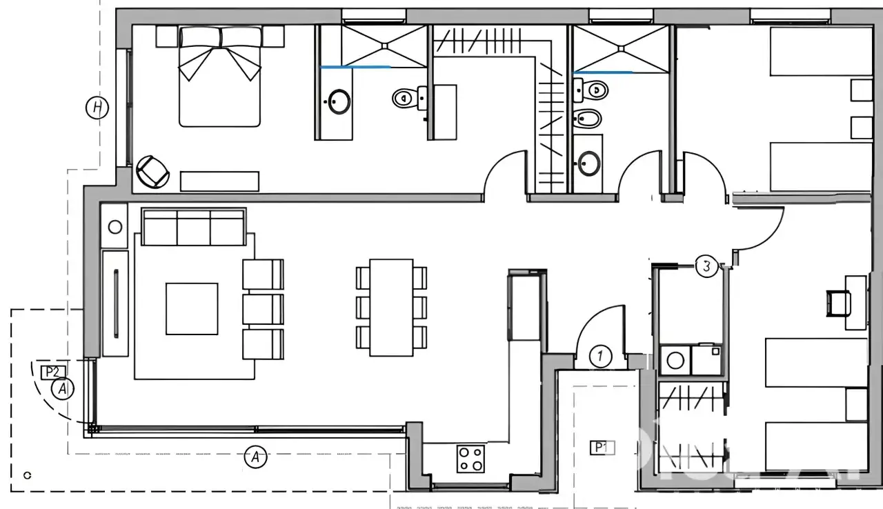 Plano de casa con dormitorio, sal&oacute;n, comedor, cocina y ba&ntilde;os. Un proyecto as&iacute; puede variar mucho en cuanto a cuanto vale el proyecto de una casa.