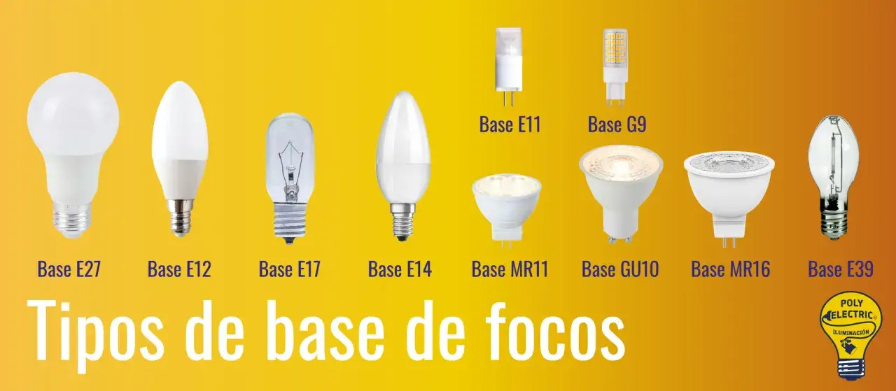 Diversos tipos de bombilla con sus bases: E27, E12, E17, E14, MR11, GU10, MR16, E39, E11 y G9.