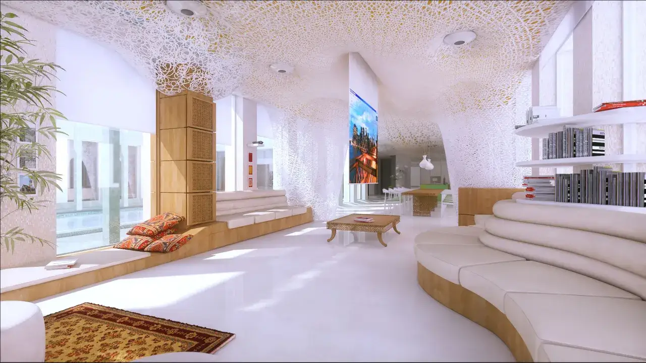 Un espacio moderno y luminoso para dise&ntilde;ar interiores, con sof&aacute;s curvos, estanter&iacute;as y una vista a una piscina.
