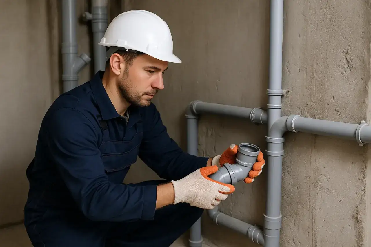 Un fontanero con casco blanco y mono azul realiza la instalaci&oacute;n de agua en una vivienda, uniendo piezas de tuber&iacute;a gris.