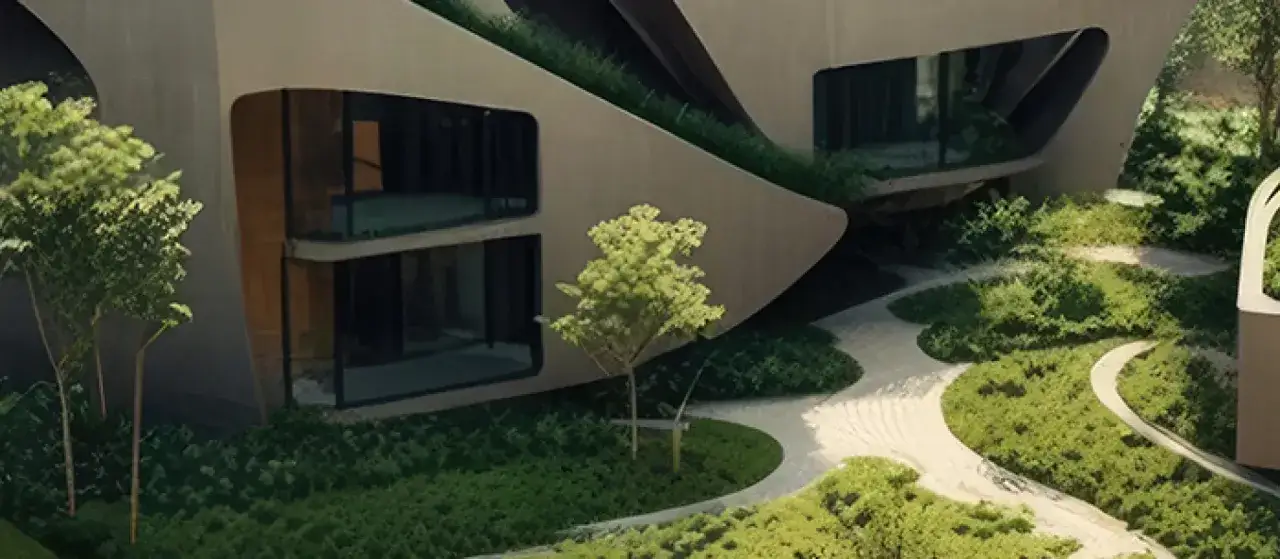 Edificio moderno con jardines y senderos curvos, ideal para un curso de arquitectura sostenible.