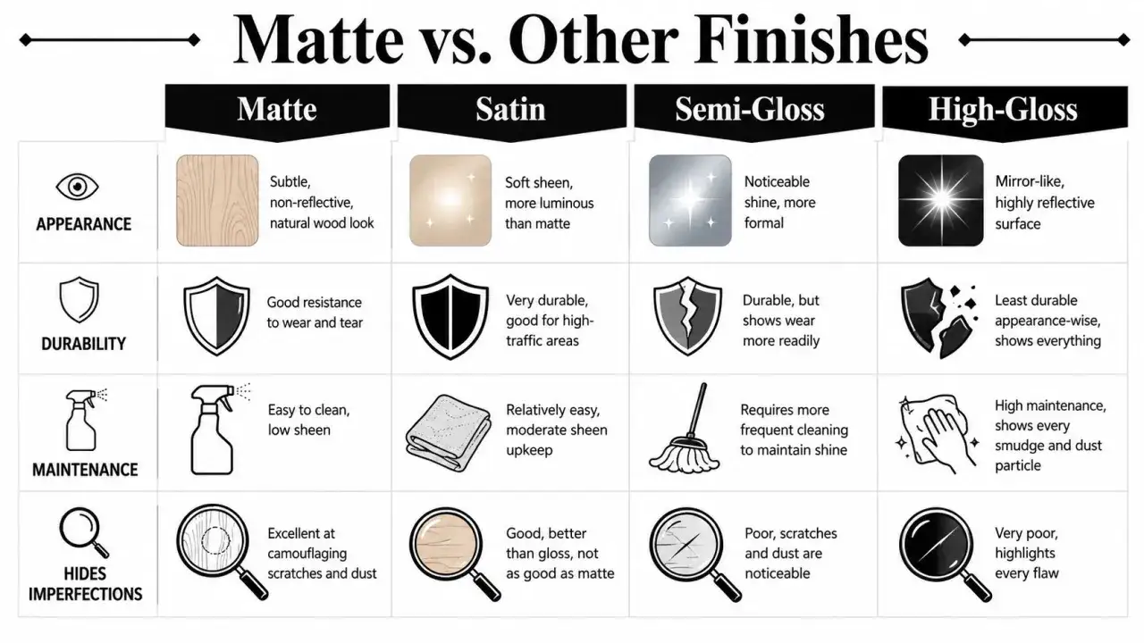 Tabla comparativa de acabados: mate, satinado, semi-brillo y alto brillo. Ideal para decidir c&oacute;mo pintar suelo.