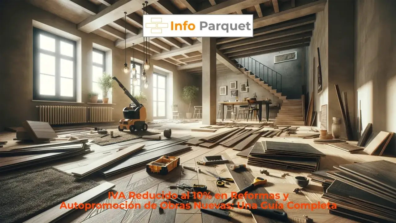 Habitación en reforma con tarimas de madera apiladas y herramientas. Se destaca el IVA reducido al 10% en reformas y autopromoción de obras nuevas.