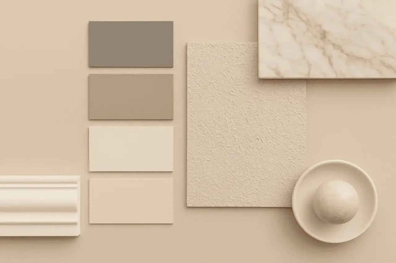 Paleta de colores neutros y texturas para distintos tipos de pared: mármol, rugosa, lisa y moldura.