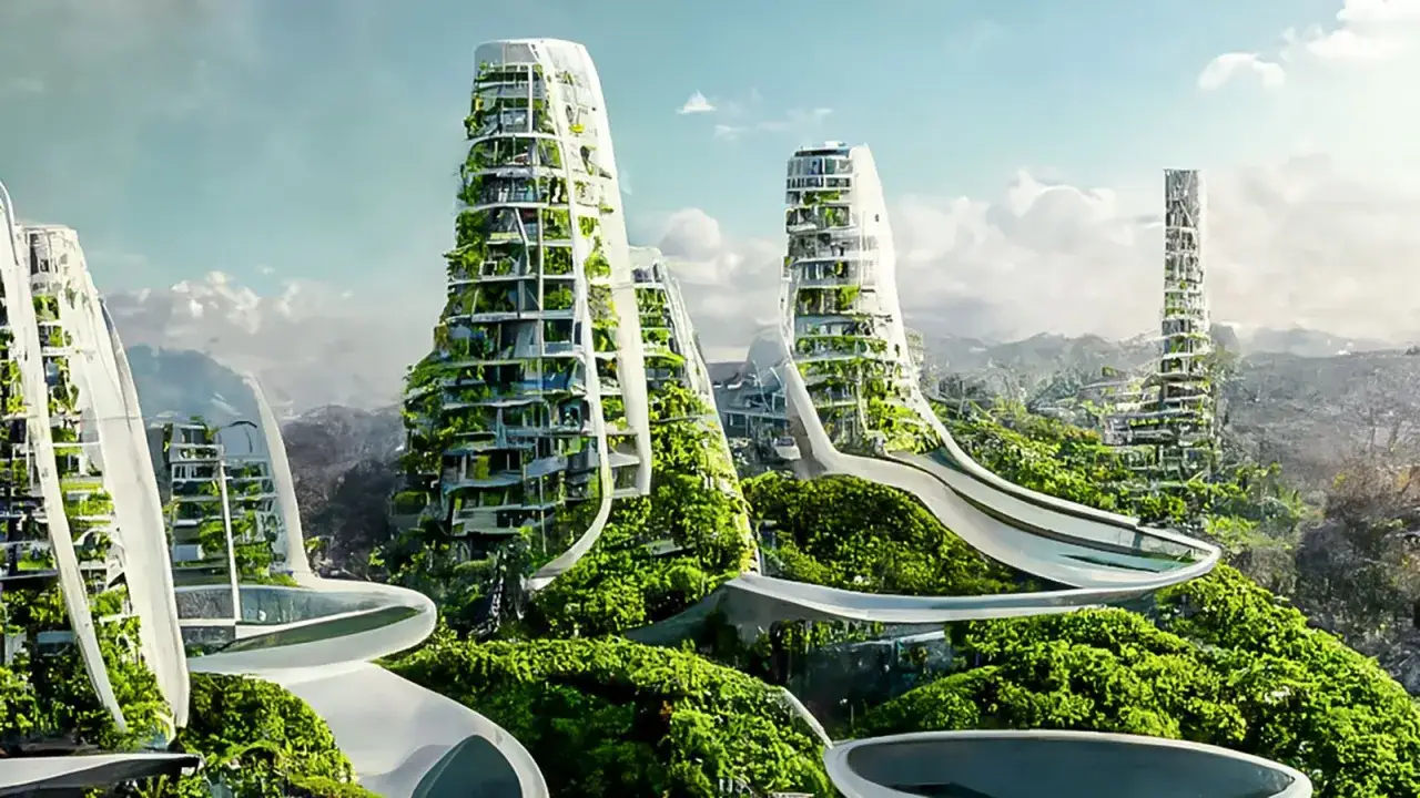 Edificios futuristas cubiertos de vegetaci&oacute;n, un ejemplo de ia arquitectura sostenible integr&aacute;ndose con la naturaleza.