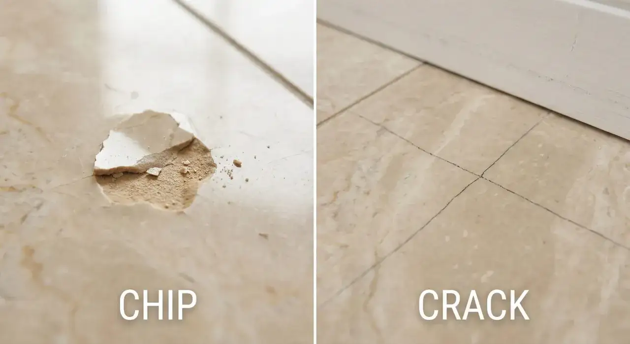 Dos im&aacute;genes de baldosas: una con un trozo roto y otra con grietas finas. Aprende como reparar una baldosa rota sin cambiarla.