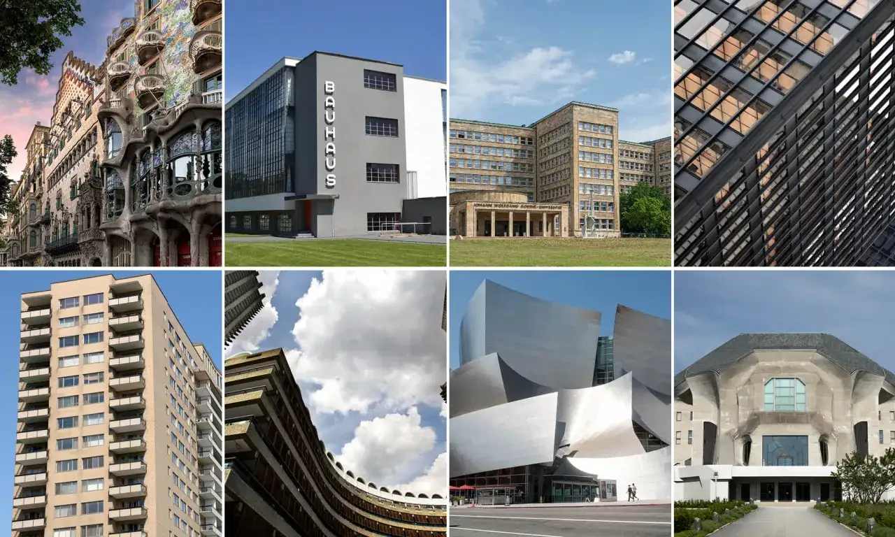 Un collage de edificios ic&oacute;nicos que muestran la diversidad de la arquitectura del siglo XX, desde el modernismo hasta el expresionismo.