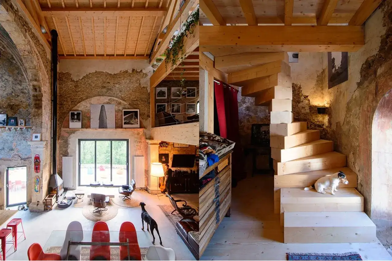 Estudio de dise&ntilde;o de interiores: materiales, texturas, luz y espacio. Aprende qu&eacute; hay que estudiar para ser dise&ntilde;ador de interiores observando esta casa r&uacute;stica con perros.