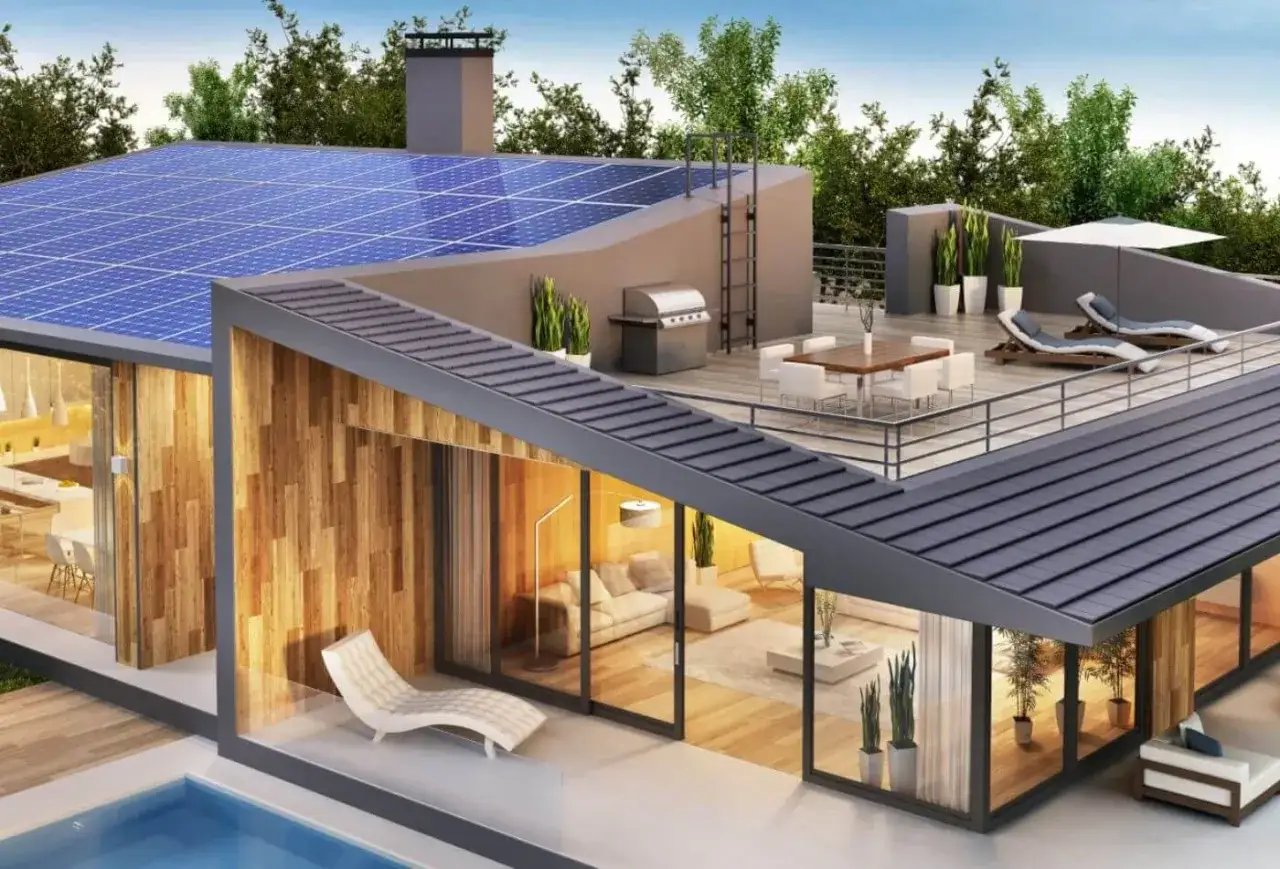 Modernas viviendas autosuficientes con paneles solares en el tejado, piscina y terraza con barbacoa y zona de comedor.