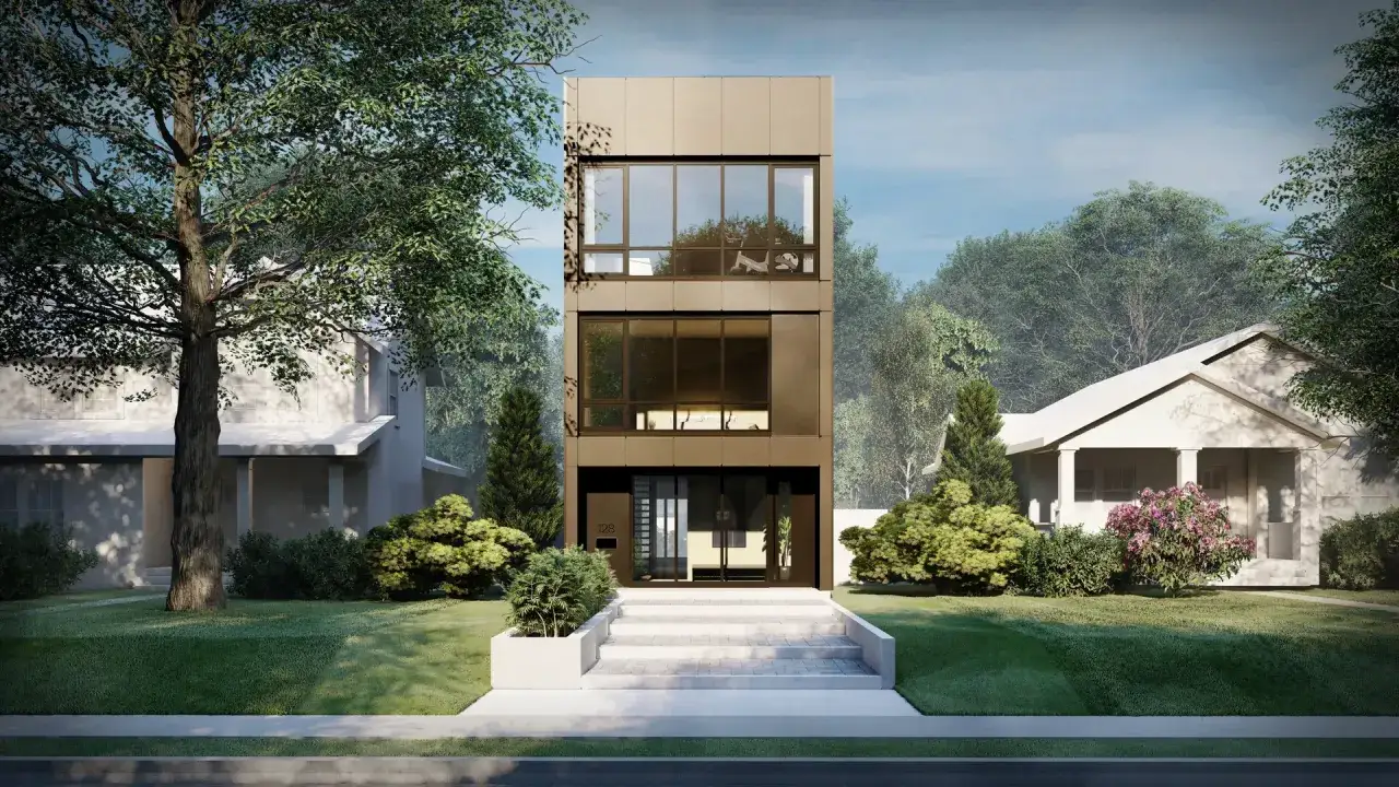 Una casa moderna de tres pisos con grandes ventanales, un ejemplo de introducci&oacute;n a la arquitectura contempor&aacute;nea, flanqueada por casas tradicionales.