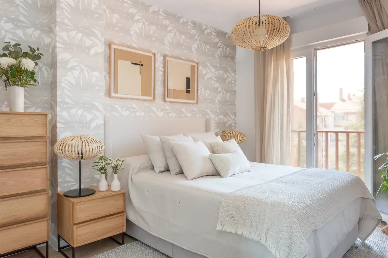 Ideas para dise&ntilde;ar tu habitacion: cama con ropa de cama clara, mesita de noche de madera, c&oacute;moda y papel tapiz con hojas.