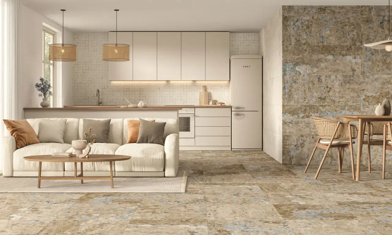 Sal&oacute;n-cocina moderno con sof&aacute; blanco, mesa de centro de madera y suelo con un dise&ntilde;o que ilustra la diferencia entre baldosa y azulejo.