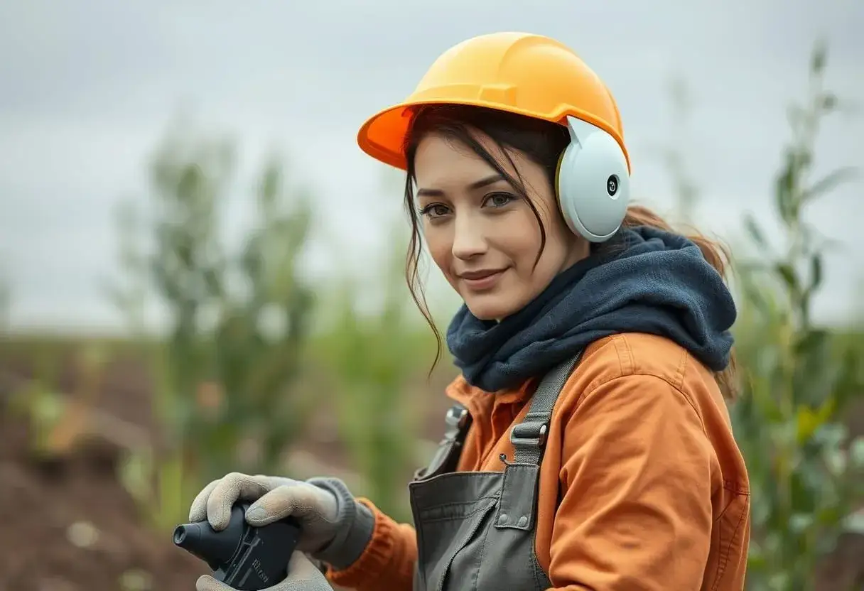 Mujer con casco naranja y protecci&oacute;n auditiva, lista para su carrera paisajismo.