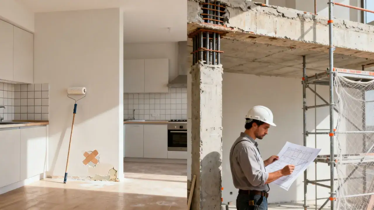 Un arquitecto revisa planos en una obra mayor en construcci&oacute;n, contrastando con una cocina lista para pintar.