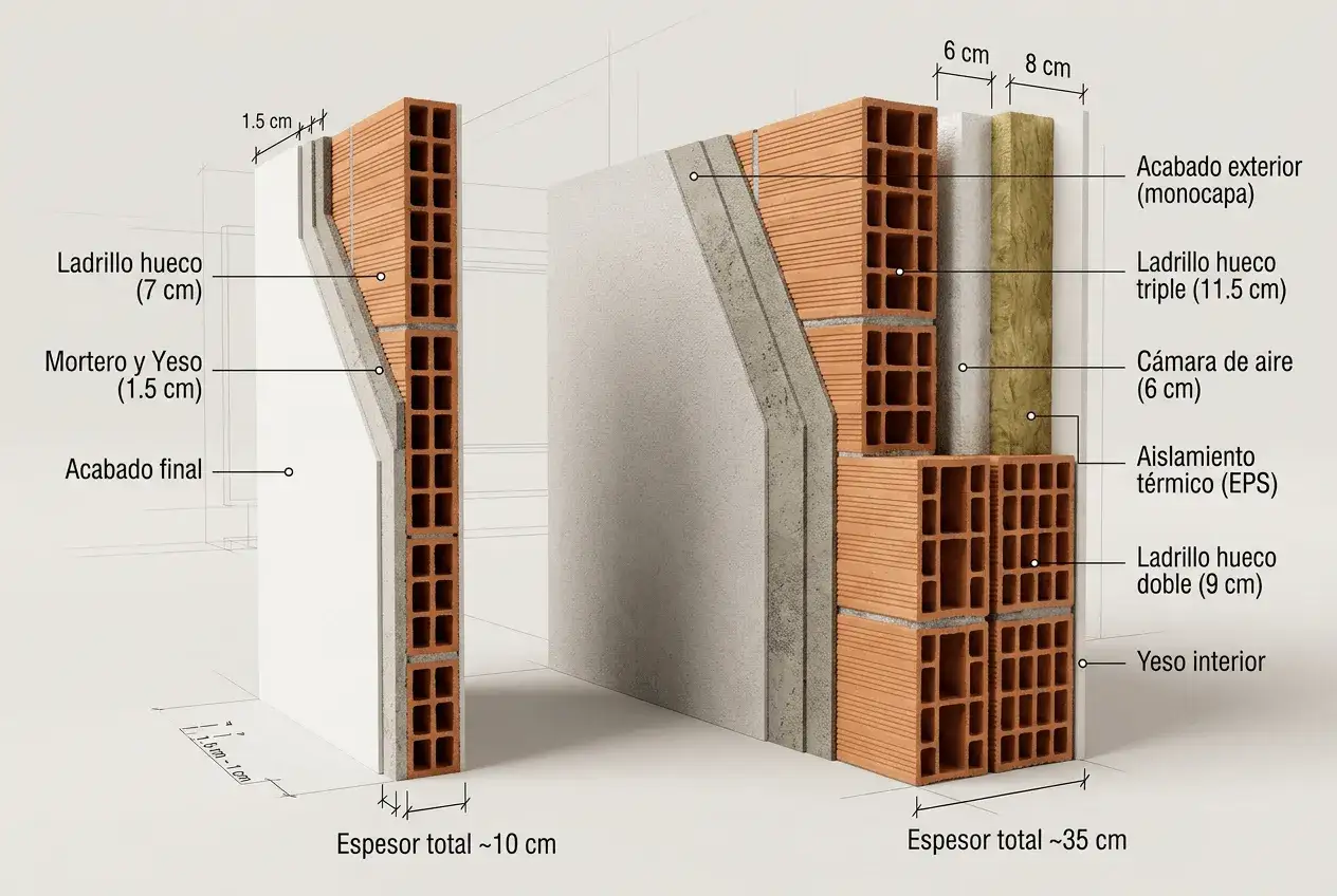 Detalle de varios tipos de paredes y materiales de construcci&oacute;n: ladrillo hueco, mortero, yeso, aislamiento t&eacute;rmico y c&aacute;mara de aire.