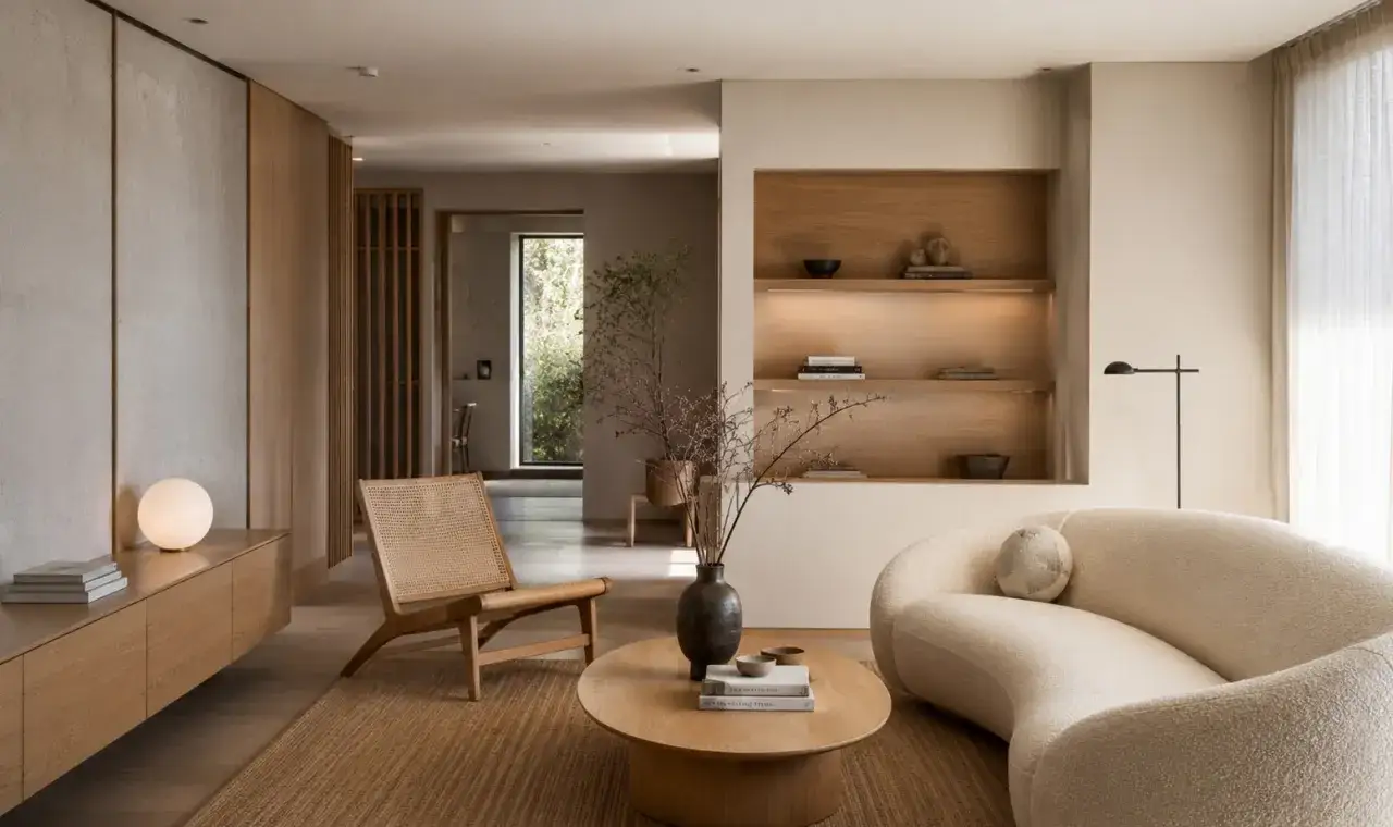 Elegante sal&oacute;n con decoraci&oacute;n Japandi: sof&aacute; curvo, silla de rat&aacute;n, mesa de centro de madera y estanter&iacute;as empotradas.
