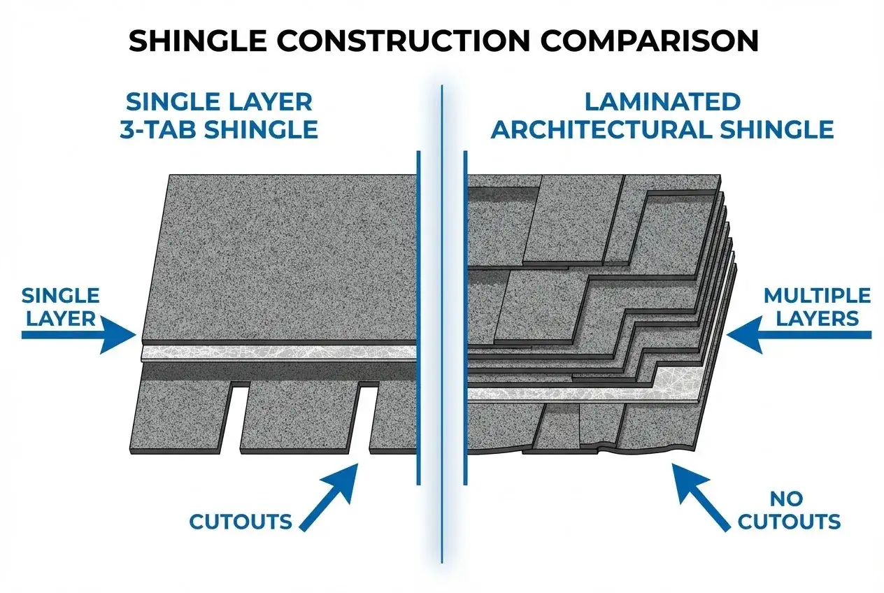 Comparaci&oacute;n de tejas: diferencia entre cubierta invertida y tradicional. La teja de 3 solapas tiene una capa y recortes, la arquitect&oacute;nica laminada tiene m&uacute;ltiples capas sin recortes.