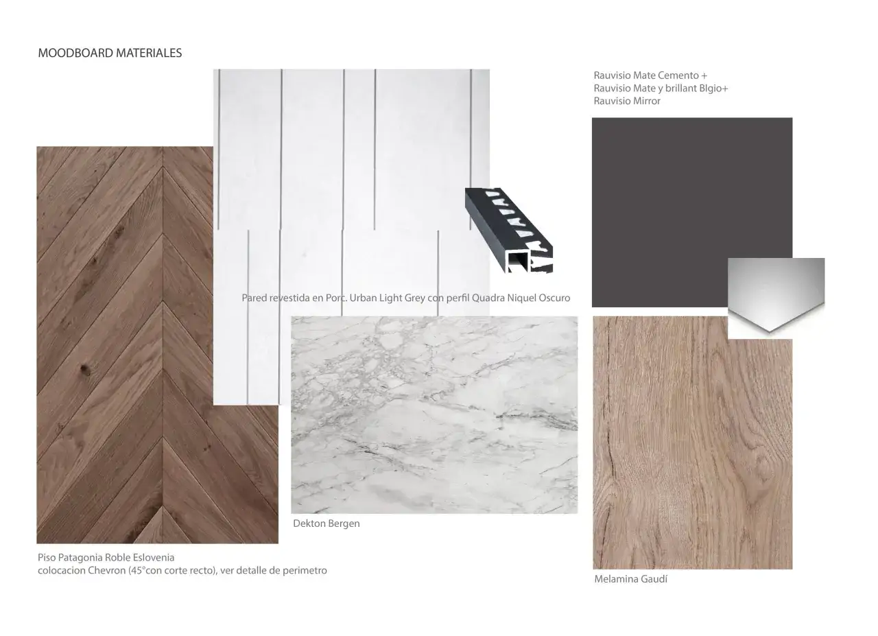 Moodboard de materiales para una carrera de arquitecto de interiores: suelo chevron, pared gris, m&aacute;rmol, melamina y perfiles.