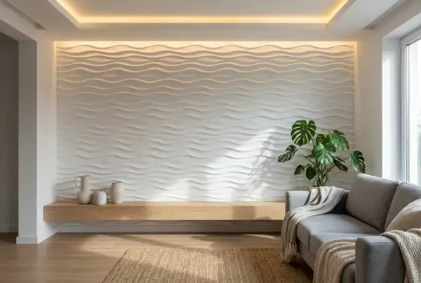 Modern living room with wavy white wall panels, a wooden shelf with vases, a monstera plant, and a grey sofa. These **acabados de paredes** create a serene atmosphere.