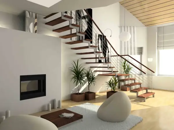 Modern living room with floating stairs, fireplace, and plants. A perfect space for an arquitecto de interiores carrera.