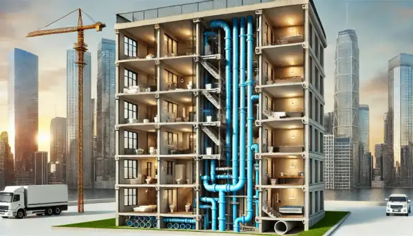 Corte de edificio moderno mostrando el sistema de tuberías para la evacuación de aguas. Grúa y rascacielos al fondo.