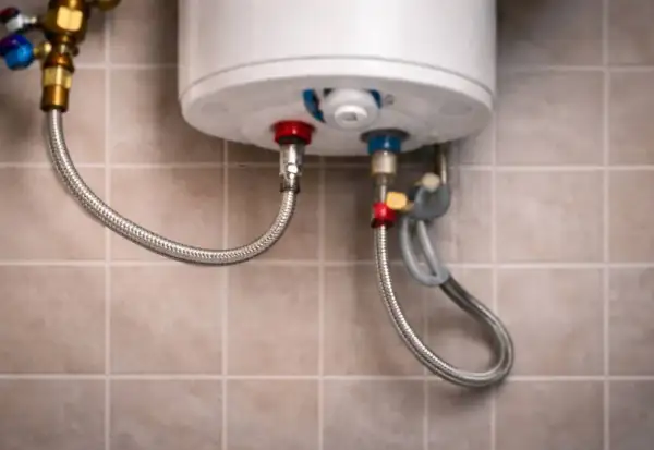 Detalle de la instalación de fontanería de un calentador de agua, con mangueras flexibles conectadas a las tomas de agua.