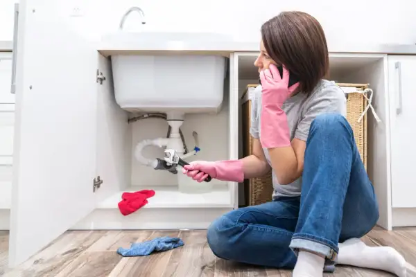 Mujer con guantes rosas y llave inglesa, revisando elementos de fontanería bajo el lavabo mientras habla por teléfono.