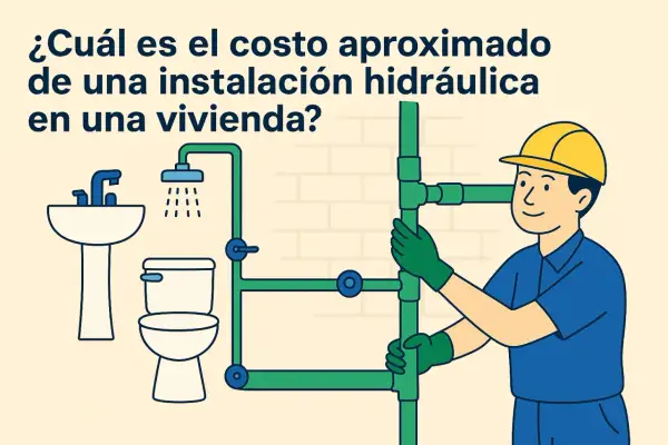 Un fontanero revisa la instalación de agua en una vivienda, mostrando un lavabo, inodoro y ducha.