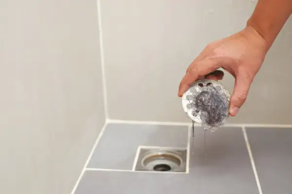 Mano retirando filtro de desagüe del baño lleno de pelos. Un paso esencial para el plano saneamiento del baño.