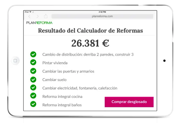 Calculadora de reformas muestra un presupuesto de 26.381€ para obras como cambio de distribución, pintura, y reformas integrales.