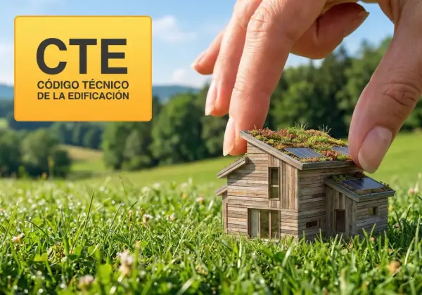 Una mano protege una casa ecológica con techo verde y paneles solares, bajo el logo "CTE Código Técnico de la Edificación".