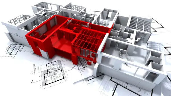 Maqueta 3D de un proyecto de ejecución de obra, con planos arquitectónicos y una sección resaltada en rojo.