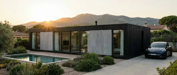 Casa moderna con piscina y coche eléctrico, estructura de **steel frame** visible en su diseño minimalista.