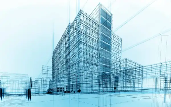Esquema de edificios modernos en azul. La arquitectura tiene salida laboral, demostrada en este diseño conceptual.