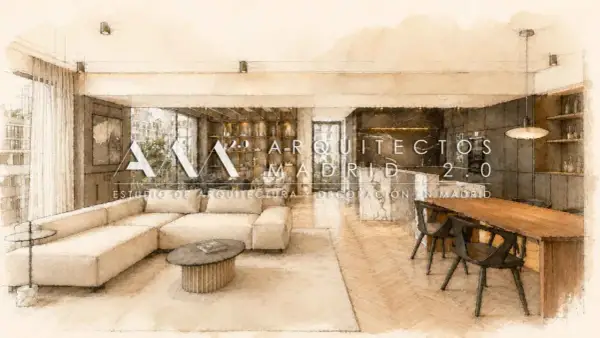 Estudio de arquitectura y diseño de interiores en Madrid. Un salón moderno con sofá beige, mesa de centro y comedor.