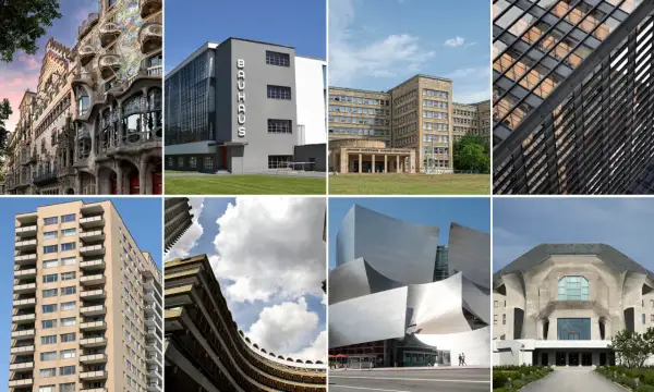 Un collage de edificios icónicos que muestran la diversidad de la arquitectura siglo xx, desde el modernismo hasta el posmodernismo.