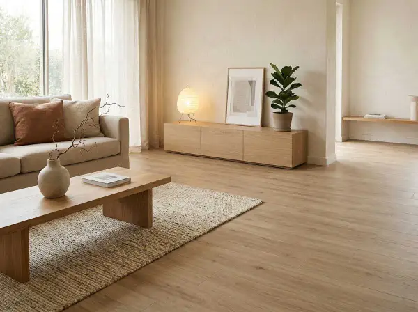 Salón con decoración Japandi: sofá beige, mesa de centro de madera, alfombra de yute, mueble bajo de roble y planta.