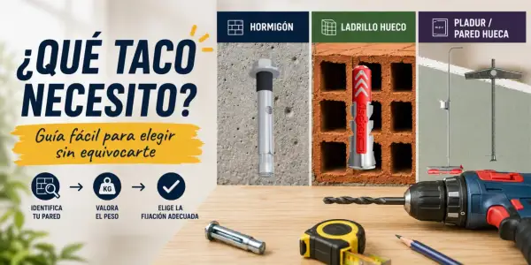 Guía para elegir los tipos de tacos para pared: hormigón, ladrillo hueco y pladur. Identifica tu pared, valora el peso y elige la fijación adecuada.