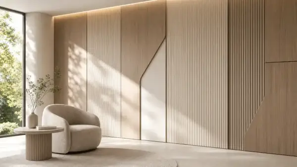 Variedad de tipos de paredes y materiales: madera acanalada, paneles lisos y detalles curvos crean una textura visual acogedora.